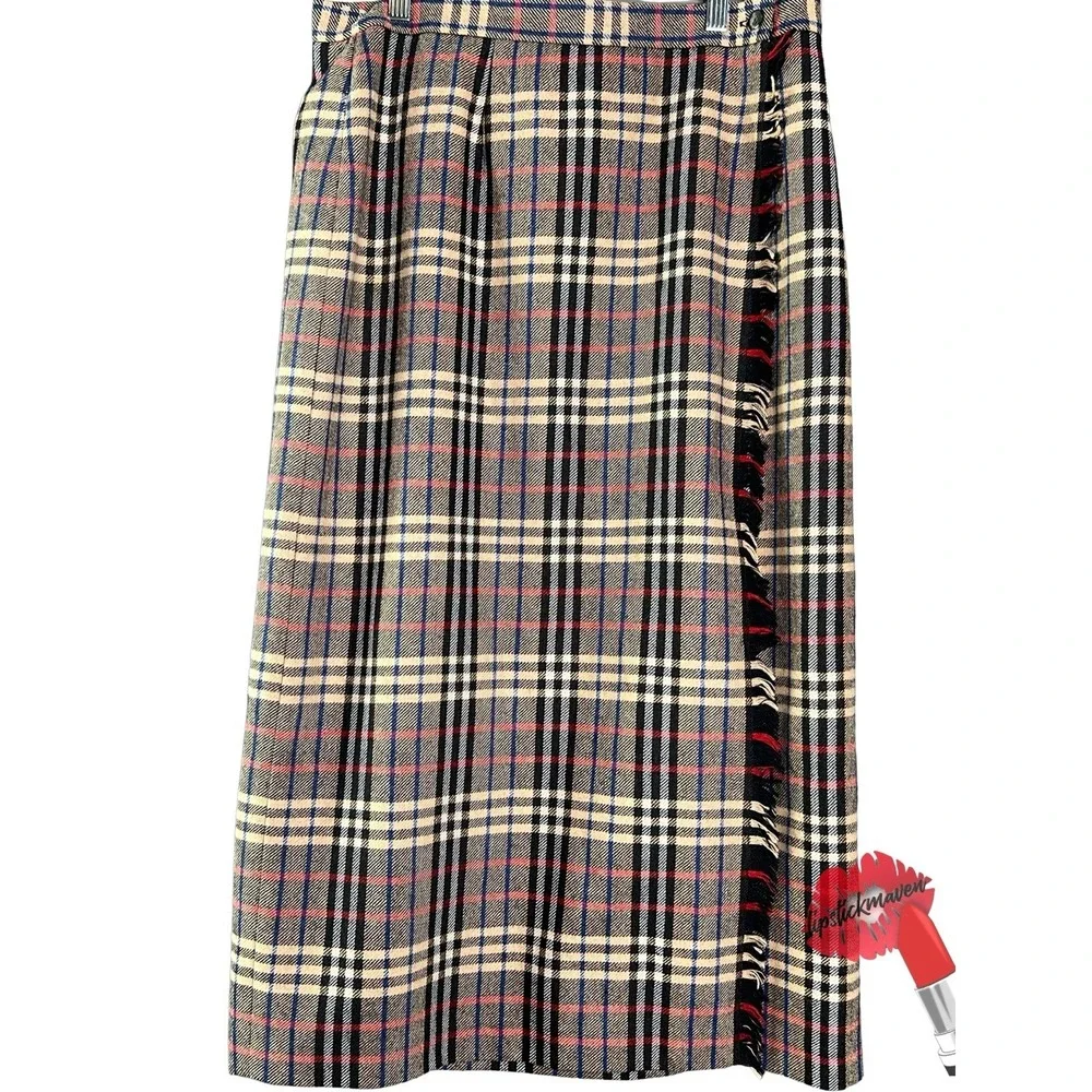 Vintage Evan Picone Wrap Skirt Size 16 Plaid Wool Blend Fringe Edge Tartan Brown